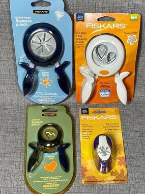 Lot Of 4 Fiskars Squeeze Paper Punches Tree, Heart Funky Love, Petal, Bling NEW